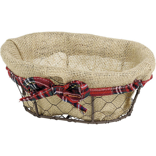 Corbeille métal ovale effet vieilli marron tissu jute/liseré écossais