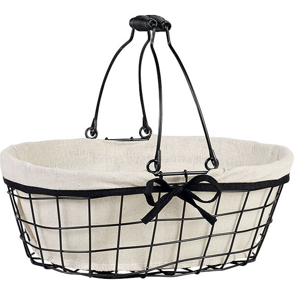 Basket oval metal black/lin fabric black edge foldable handles