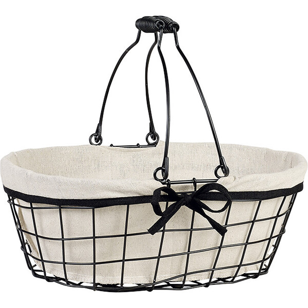 Cesto oval metal preto/linho com alças dobráveis com rebordo preto