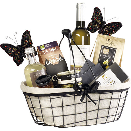 Basket oval metal black/lin fabric black edge...