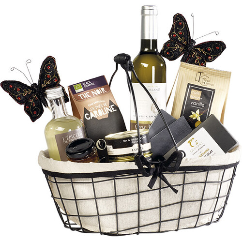 Basket oval metal black/lin fabric black edge...