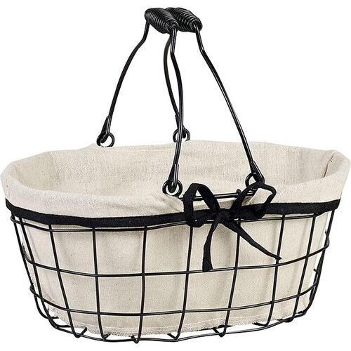 Cesto oval metal preto/linho com alças dobráveis com rebordo preto