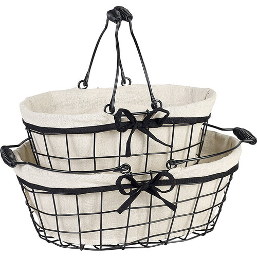 Panier métal ovale noir/tissu écru liseré noir...