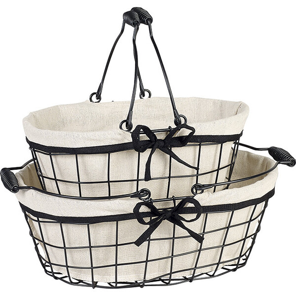 Panier métal ovale noir/tissu écru liseré noir anses rabattables