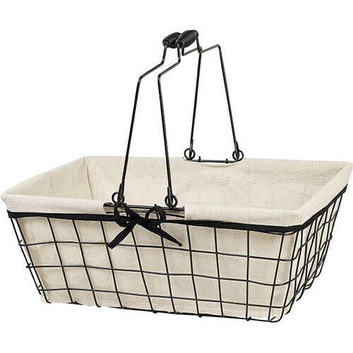 Basket rectangular metal black/lin fabric black edge foldable handles