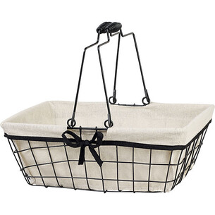 Panier métal rectangle noir/tissu écru liseré noir anses...