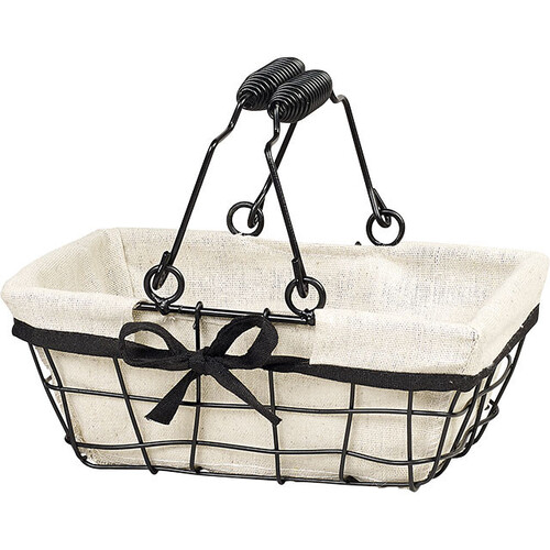 Basket rectangular metal black/lin fabric black edge foldable handles