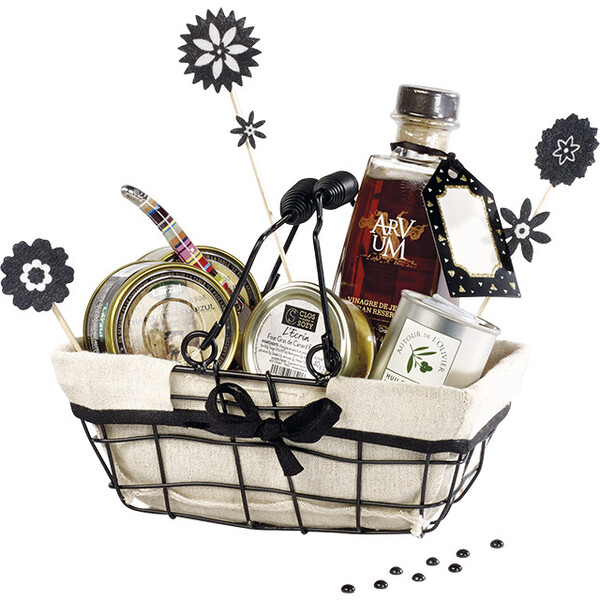 Cesta metal rectangular negro/lino borde negro asas plegables