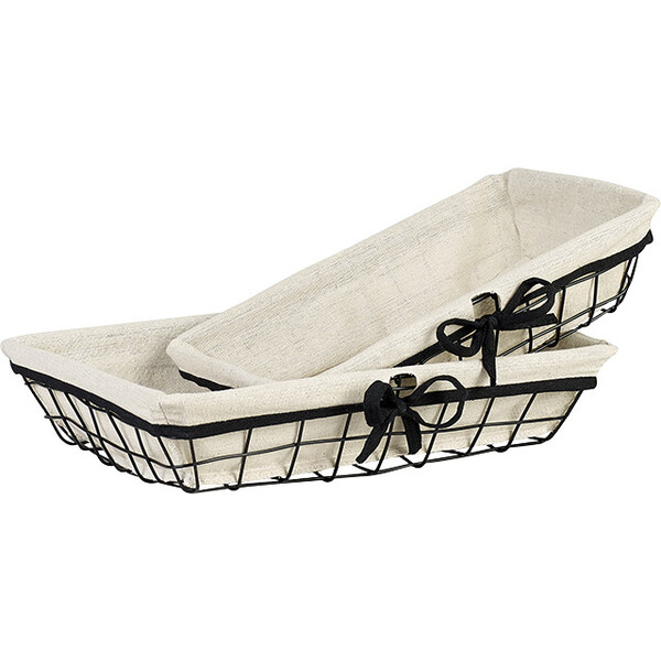 Corbeille métal rectangle noir/tissu écru liseré noir