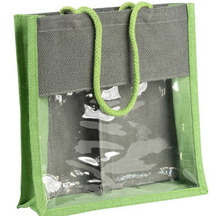 Sac toile de jute vert/gris fenêtre PVC anses corde 1...