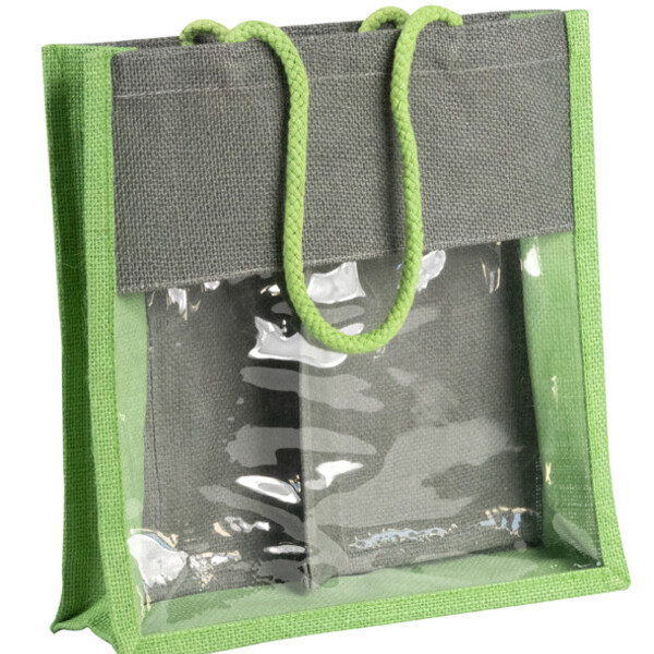 Bolsa tejido de yute verde/gris ventana PVC asas cordón 1 separación amovible