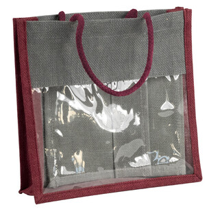 Bag hessian burgundy/grey PET window cord handles 1...