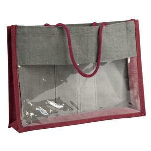 Bag hessian burgundy/grey PET window cord handles 2...