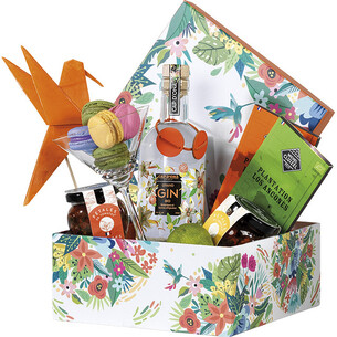 Box cardboard square orange/flowers 2