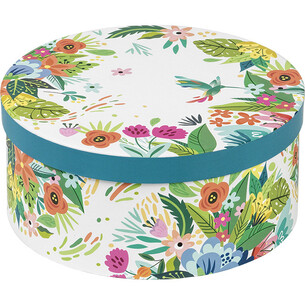 Coffret carton rond bleu/décor fleurs