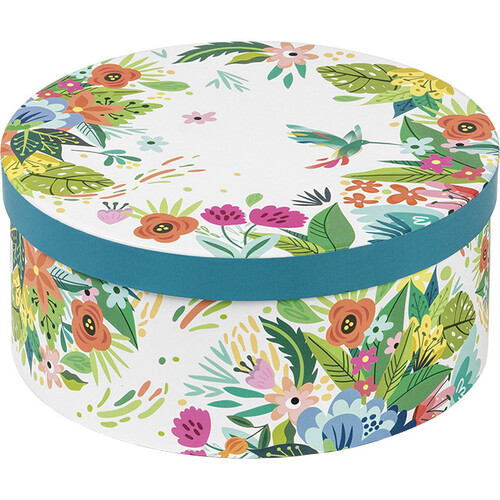Coffret carton rond bleu/décor fleurs