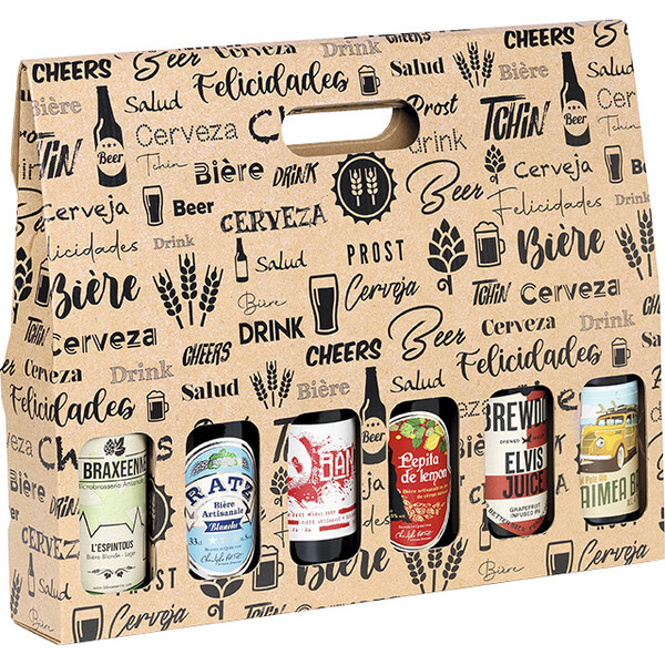 Valisette carton kraft 6 bières long neck décor noir poignée
