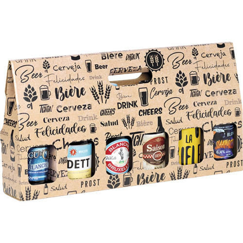Valisette carton kraft 6 bières steinie décor noir poignée