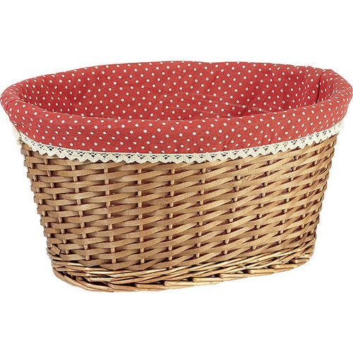 Corbeille osier/bois ovale marron tissu rouge à pois blanc liseré broderie