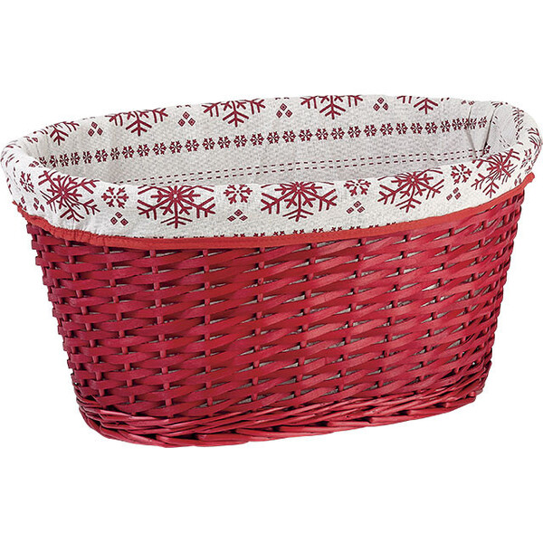 Cesta mimbre/madera ovalada marrón tejido blanco/copos de nieve rojos