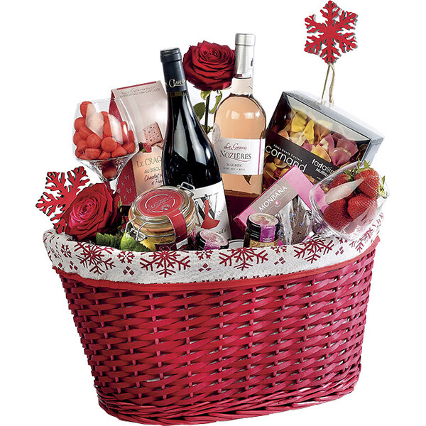 Cesto vime/madeira oval castanho tecido branco/Flocos de Neve vermelhos