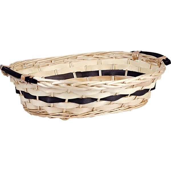 Tray wicker/wood oval natural black wood strip wooden black handles