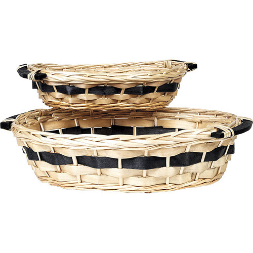 Tray wicker/wood oval natural black wood strip...