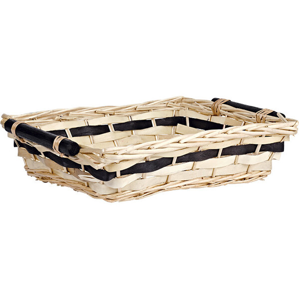 Bandeja vime/madeira retangular natural faixa preto de madeira alças pretas de madeira