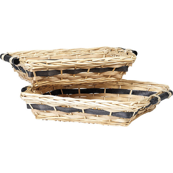 Corbeille osier/bois rectangle nature bande bois noire poignées noires bois