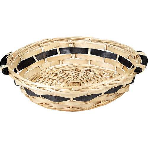Corbeille osier/bois ronde nature bande bois...