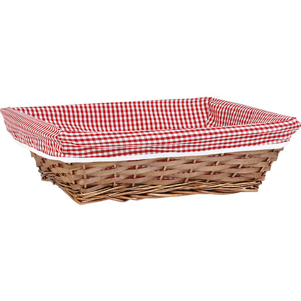Corbeille osier/bois rectangle marron tissu VICHY rouge/blanc