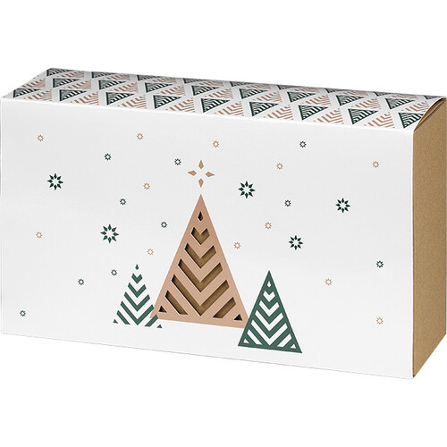 Caja cartón kraft rectangular funda FELIZ NAVIDAD árboles de Navidad/verde/blanco dimensiones int.