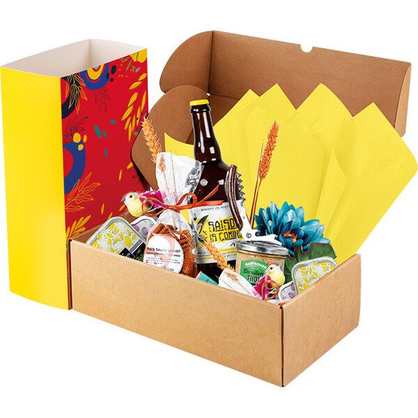 Caixa cartão kraft quadrada tampa deslizante SABORES DE VERÃO vermelho/amarelo/verde