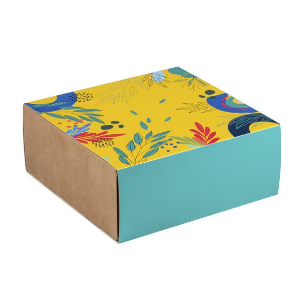 Caja cartón kraft cuadrada funda SABORES DE VERANO rojo/amarillo/verde