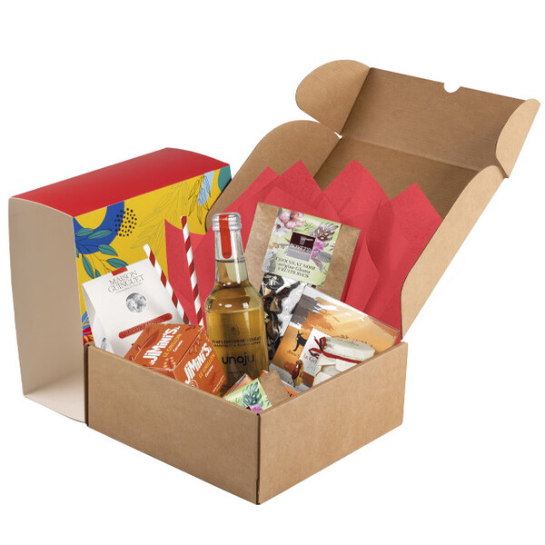 Caja cartón kraft cuadrada funda SABORES DE VERANO rojo/amarillo/verde