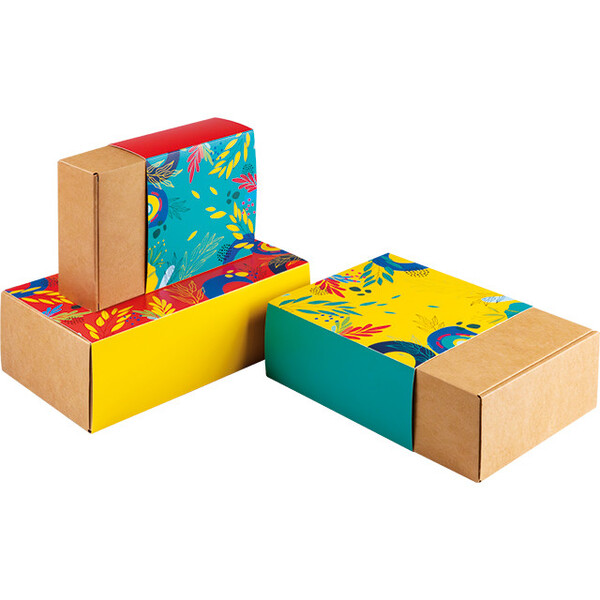 Caja cartón kraft cuadrada funda SABORES DE VERANO rojo/amarillo/verde