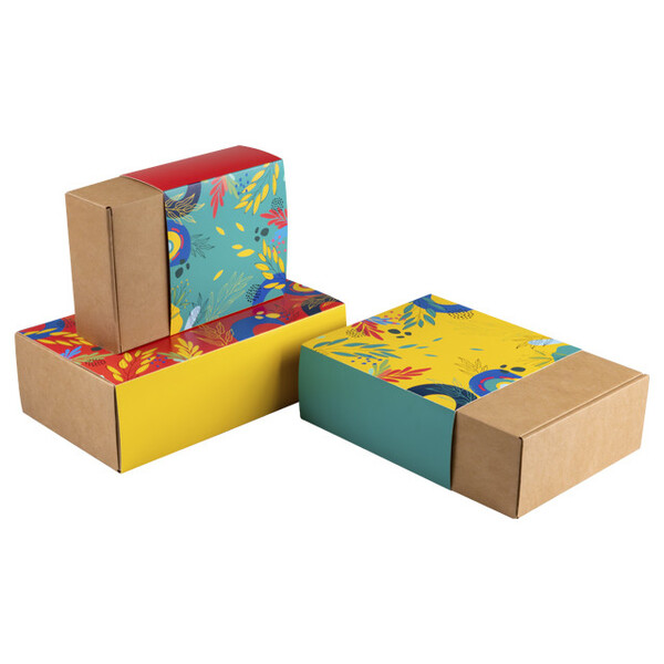 Caja cartón kraft cuadrada funda SABORES DE VERANO rojo/amarillo/verde