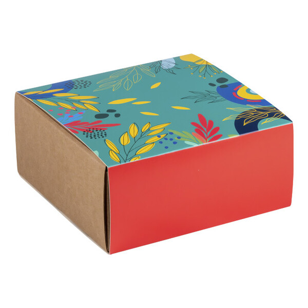 Caja cartón kraft cuadrada funda SABORES DE VERANO rojo/amarillo/verde