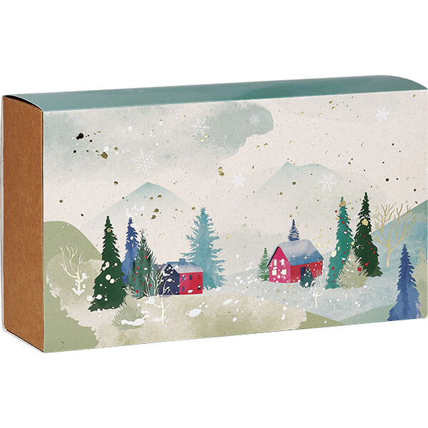 Caja cartón kraft rectangular funda PUEBLO NEVADO verde/rojo/estampación en caliente dorado entrega plana