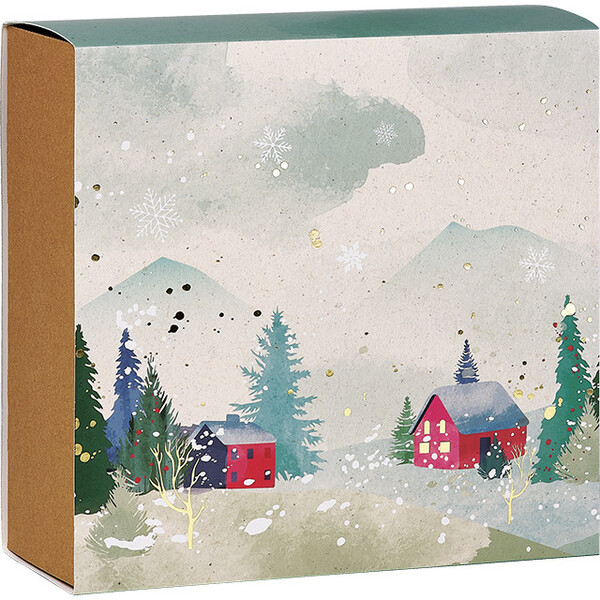 Box cardboard kraft square sleeve SNOWY COUNTRY/gold hot foil stamping delivered flat