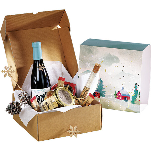 Coffret carton kraft carré fourreau CAMPAGNE ENNEIGEE/dorure à chaud livré à plat