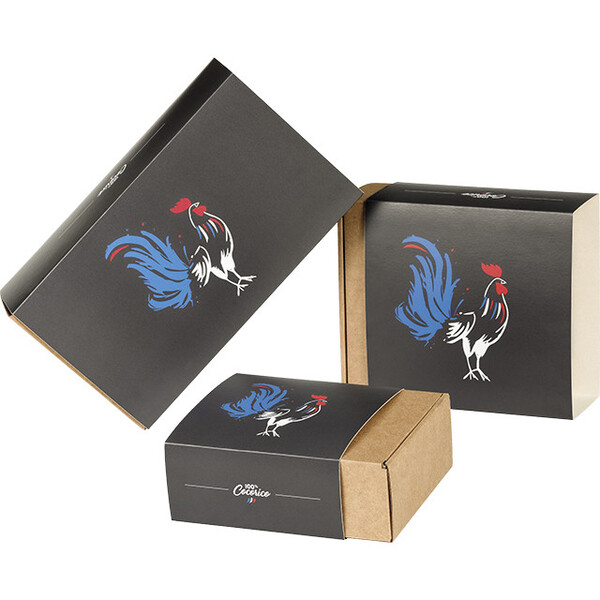 Coffret carton kraft carré fourreau 100% COCORICO livré à plat dim int.