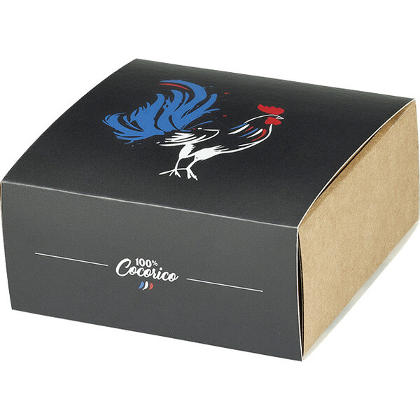 Caja cartón kraft cuadrada funda 100% COCORICO entrega plana dim.int