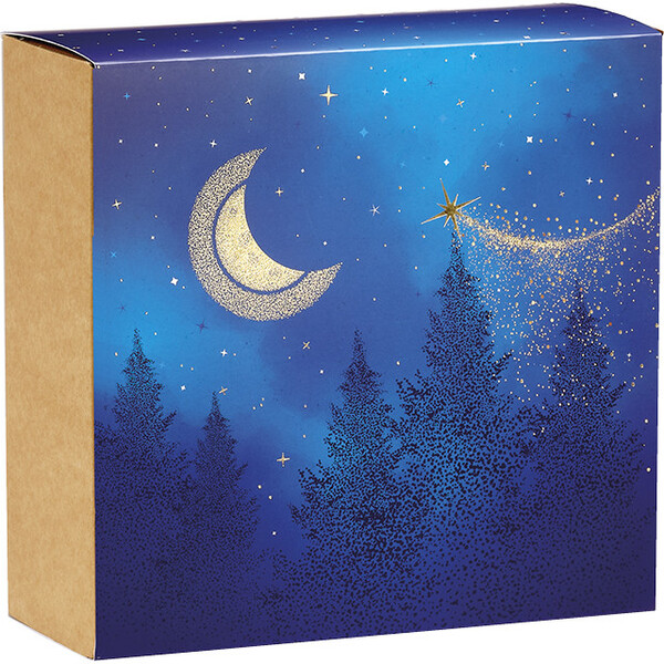 Caja cartón kraft cuadrada funda NOCHE ESTRELLADA azul/estampación en caliente dorado entrega plana