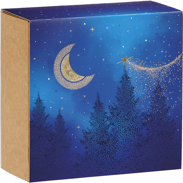 Caja cartón kraft cuadrada funda NOCHE ESTRELLADA azul/estampación en caliente dorado entrega plana