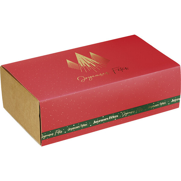 Caja cartón kraft rectangular funda PRESTIGIO DE NAVIDAD rojo/estampación en caliente dorado entrega plana