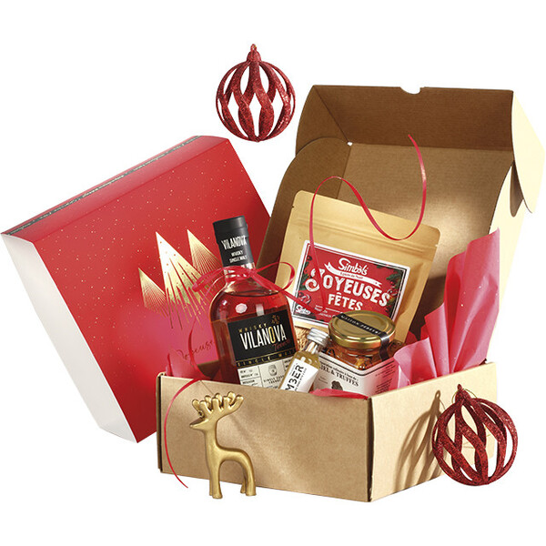 Box cardbard kraft square sleeve CHRISTMAS PRESTIGE red/gold hot foil stamping delivered flat