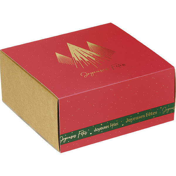 Caja cartón kraft cuadrada funda PRESTIGIO DE NAVIDAD rojo/estampación en caliente dorado entrega plana