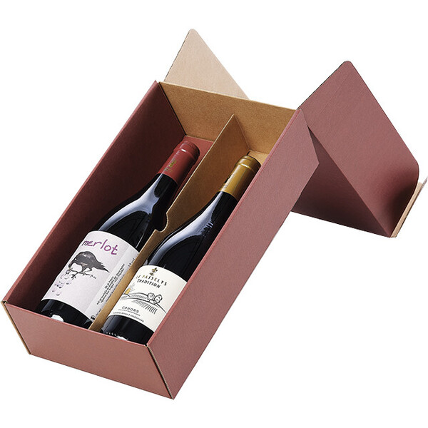 Box wine cardboard kraft/burgundy 2 bottles delivered flat