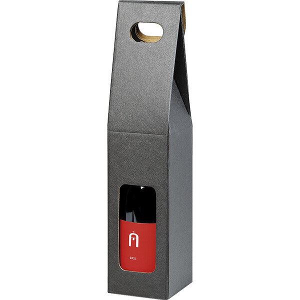 Wine carrier cardboard kraft/black 1 bottle handle delivered flat